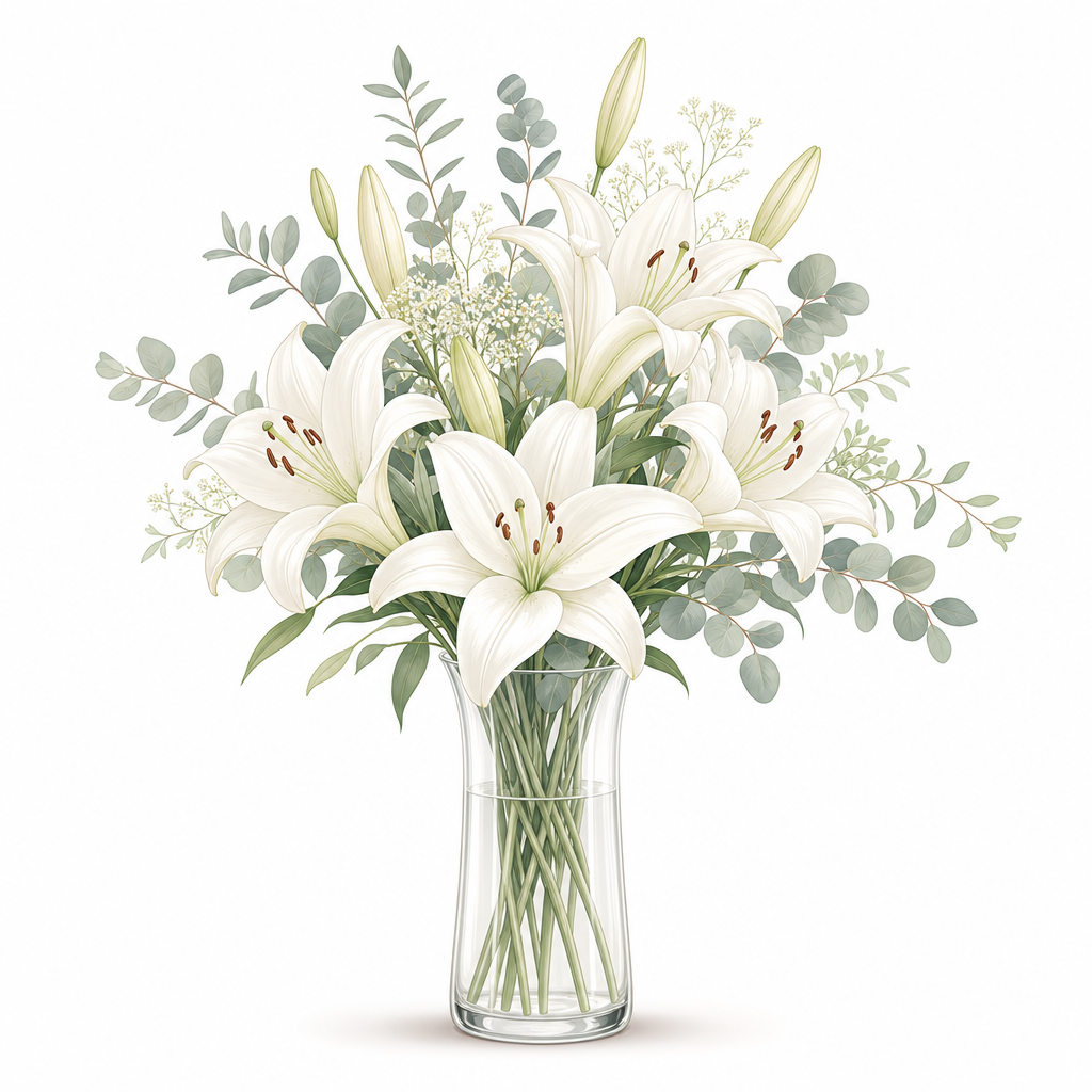 Elegant icon of a tall vase filled with white lilies and greenery