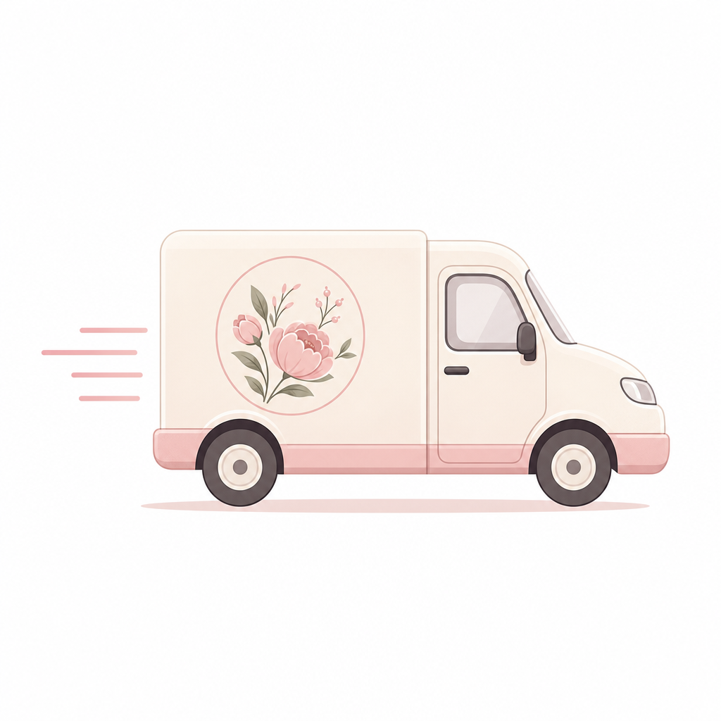 Minimal icon of a delivery van with a flower on the door
