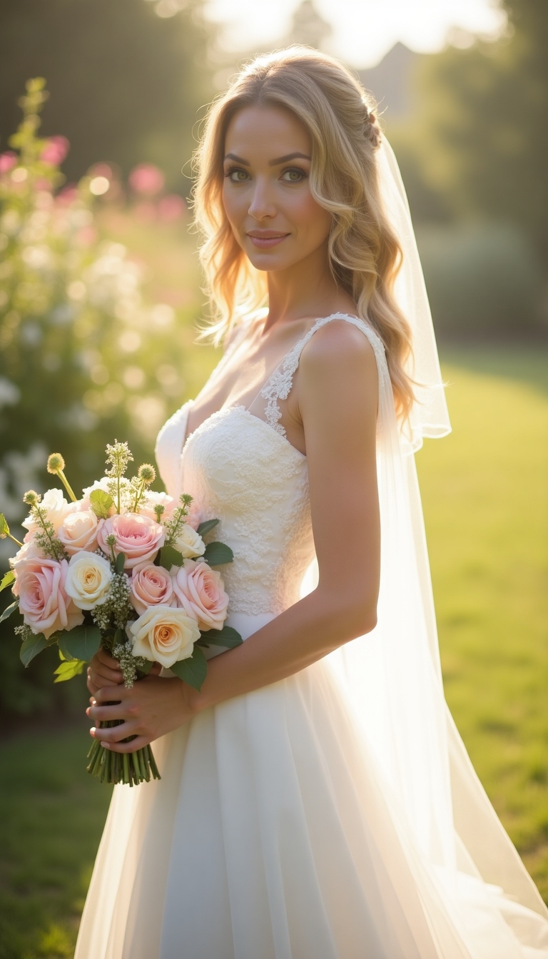 Bride in a sunlit garden holding pastel bouquet, soft focus, dreamy light