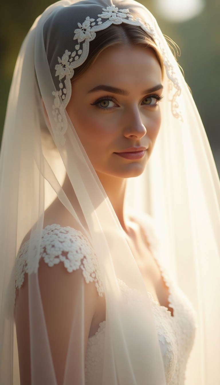 Bride with flowing veil in natural light, ethereal and romantic mood