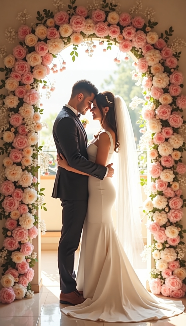 Couple embracing beneath floral arch, gentle pastel tones, elegant composition