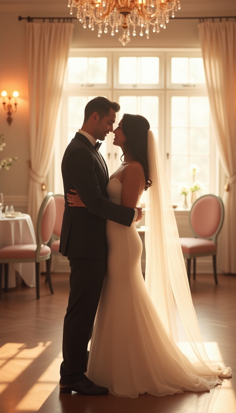 Newlyweds sharing first dance, soft dreamy pastels, elegant setting