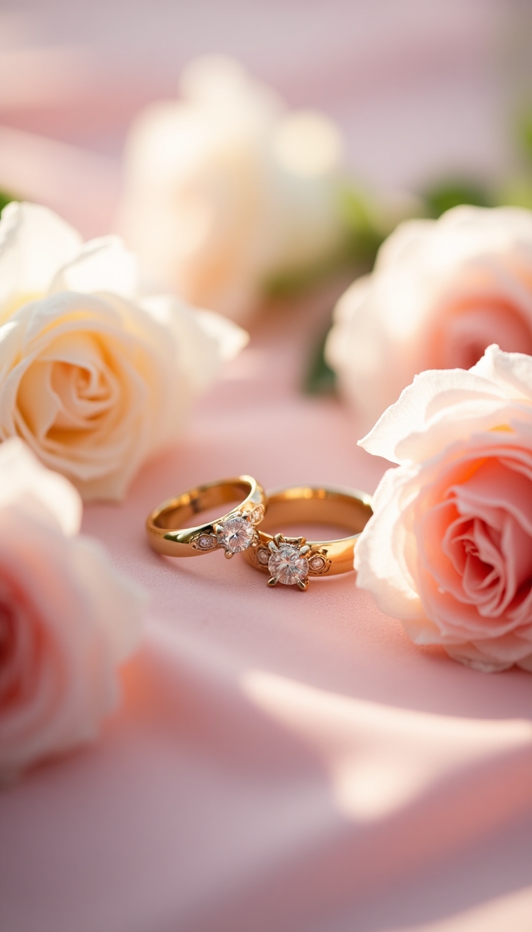 Fine art composition of wedding rings and soft florals, pastel palette, airy lighting