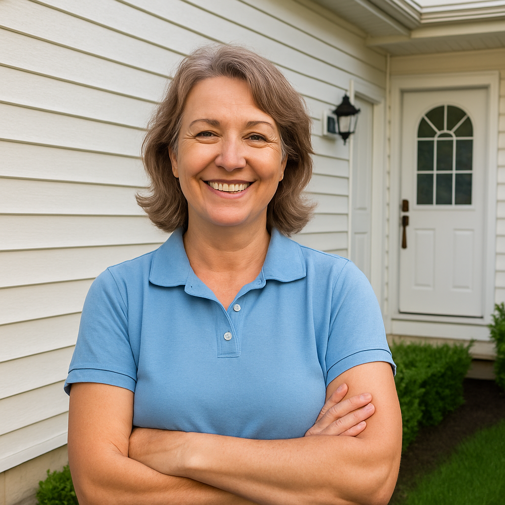 Smiling woman outside her clean home
