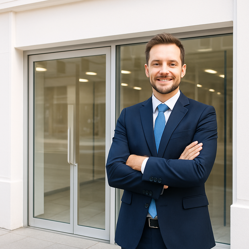 Man in business attire in front of clean storefront