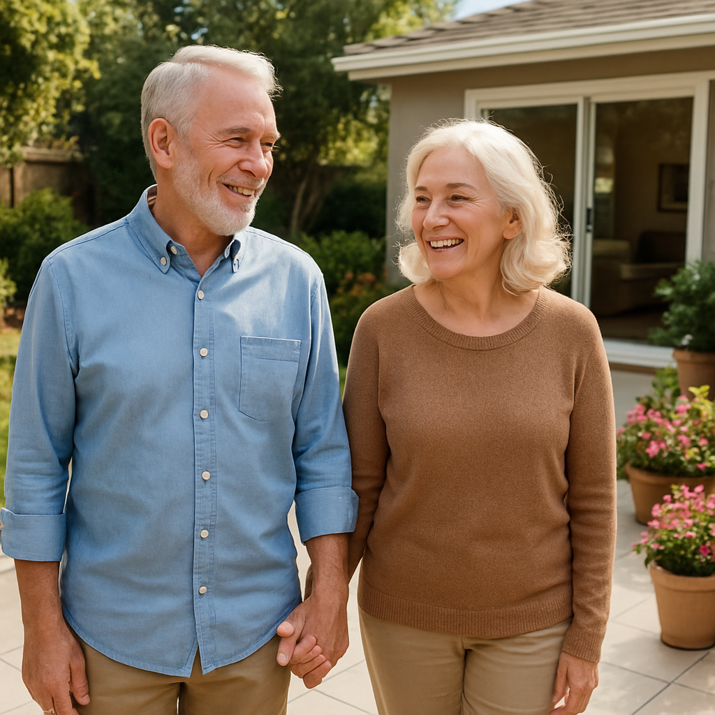 Older couple smiling by sparkling patio