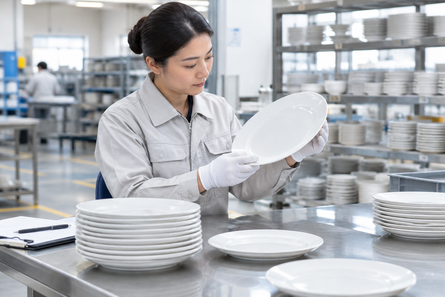 Quality control specialist inspecting custom ceramic dinner plates on a production table in a clean factory setting
