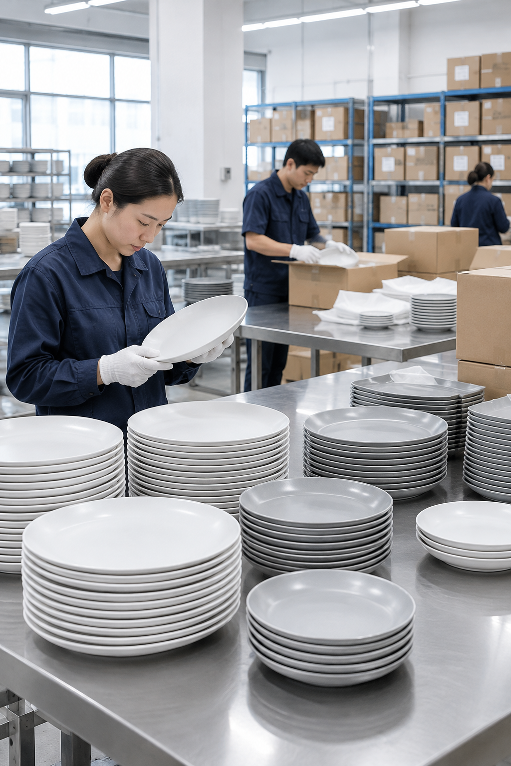 Clean production and product display scene with stacked custom ceramic dinner plates prepared for wholesale restaurant supply