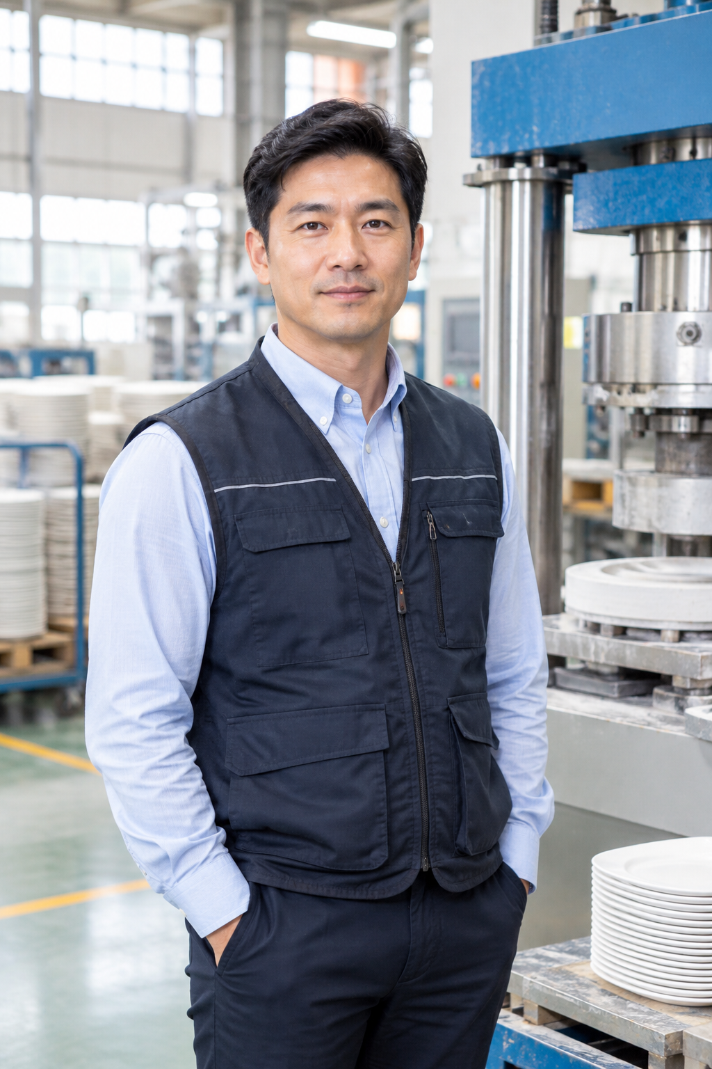 Daniel Kim, Production Planning Lead in a light blue shirt in front of ceramic press machinery