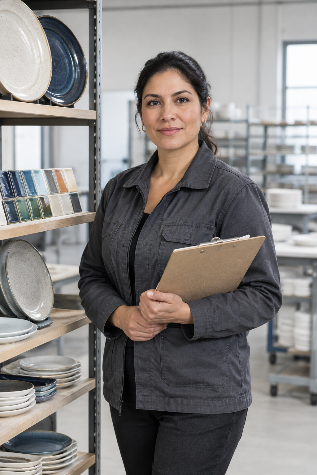 Maria Garcia, Customization Coordinator wearing a charcoal work jacket with sample plates on shelving behind her