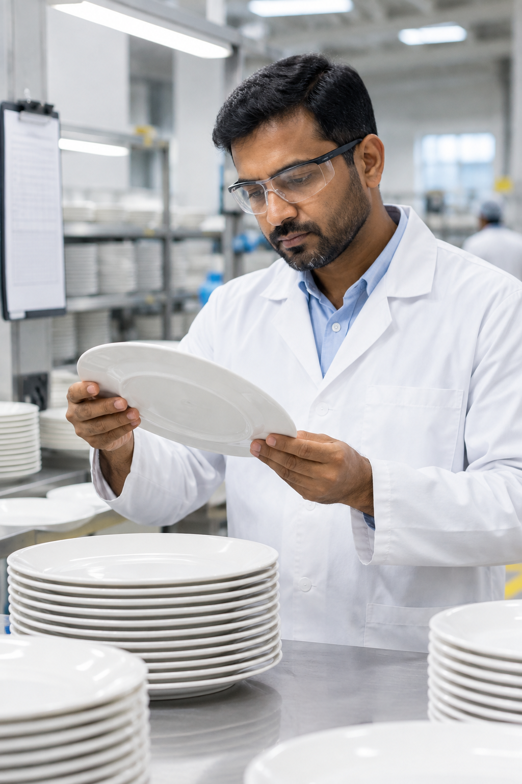 Noah Patel, Quality Assurance Supervisor in a white coat inspecting finished dinner plates