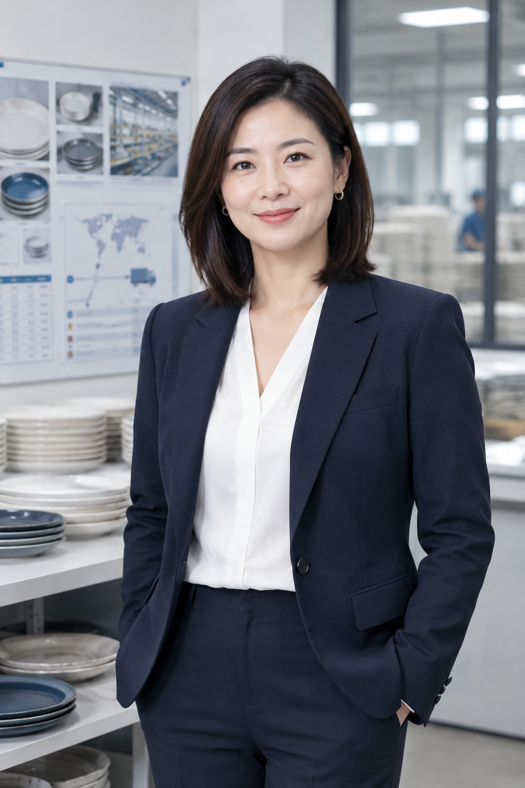 Olivia Chen, Senior Account Manager in a navy blazer standing in a production office