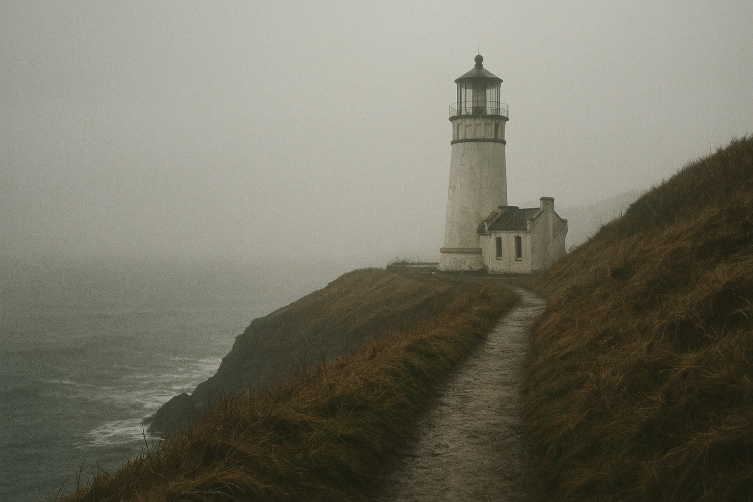 Narrow cliff path leading toward a remote lighthouse in misty rain