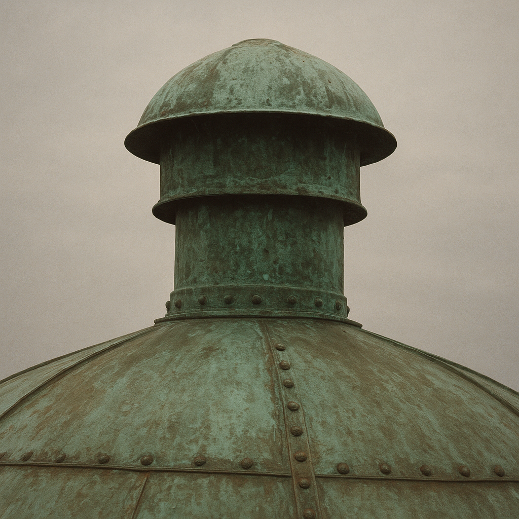 Aged copper roof ventilator with verdigris and riveted seams against overcast sky