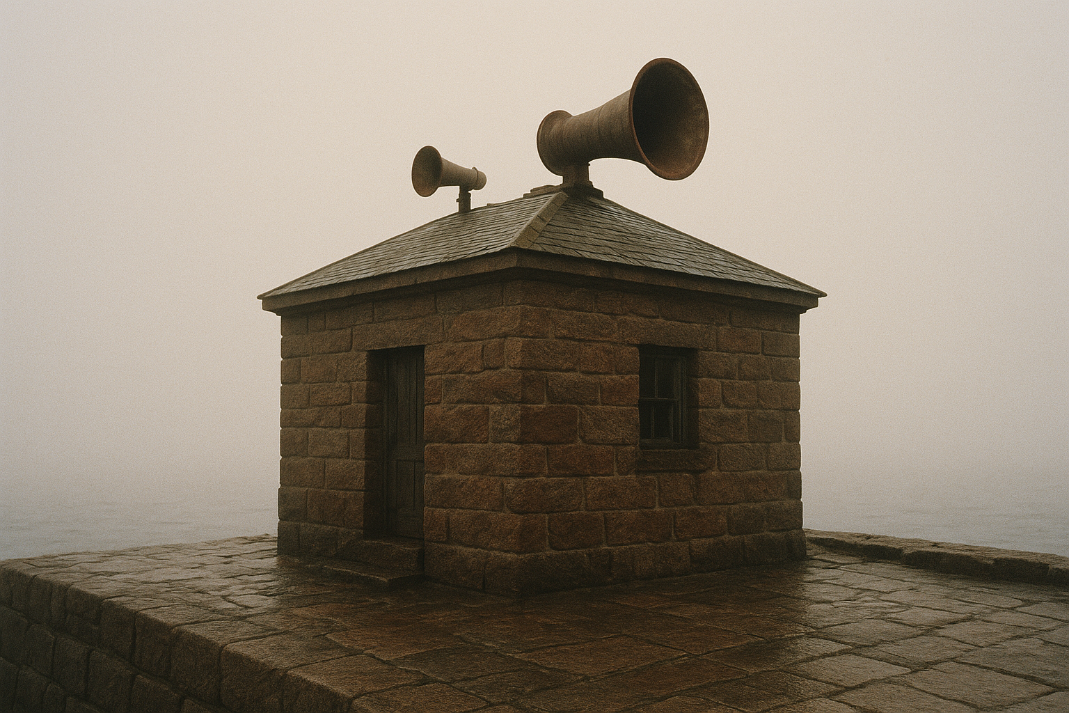 Low fog-signal building with heavy horn vents on a wet stone quay