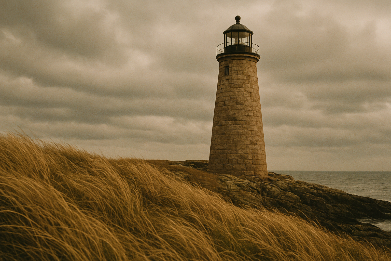 Granite lighthouse on a wind-worn headland beneath layered storm clouds