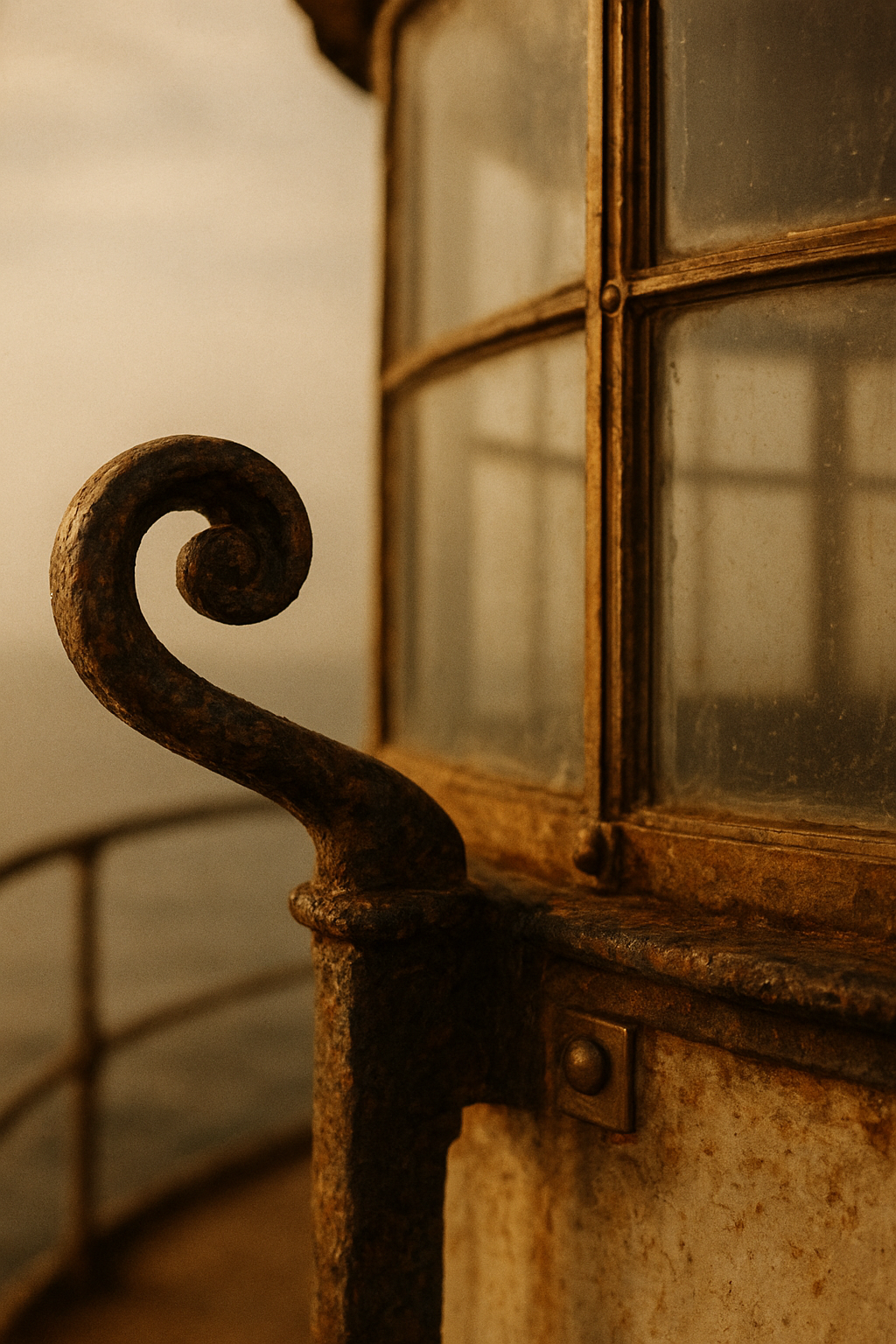 Warm archival close-up of a weathered lighthouse stair rail beside lantern-room glass with aged brass fittings