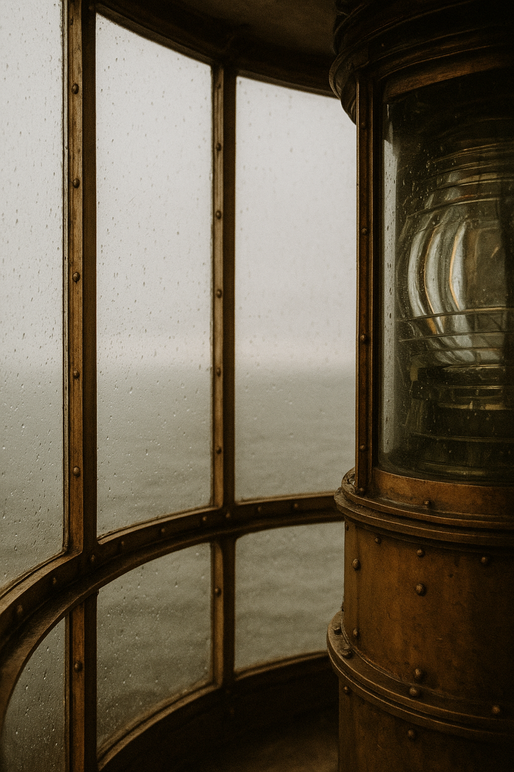 Close lantern-room framing with riveted brass and rain-speckled glass
