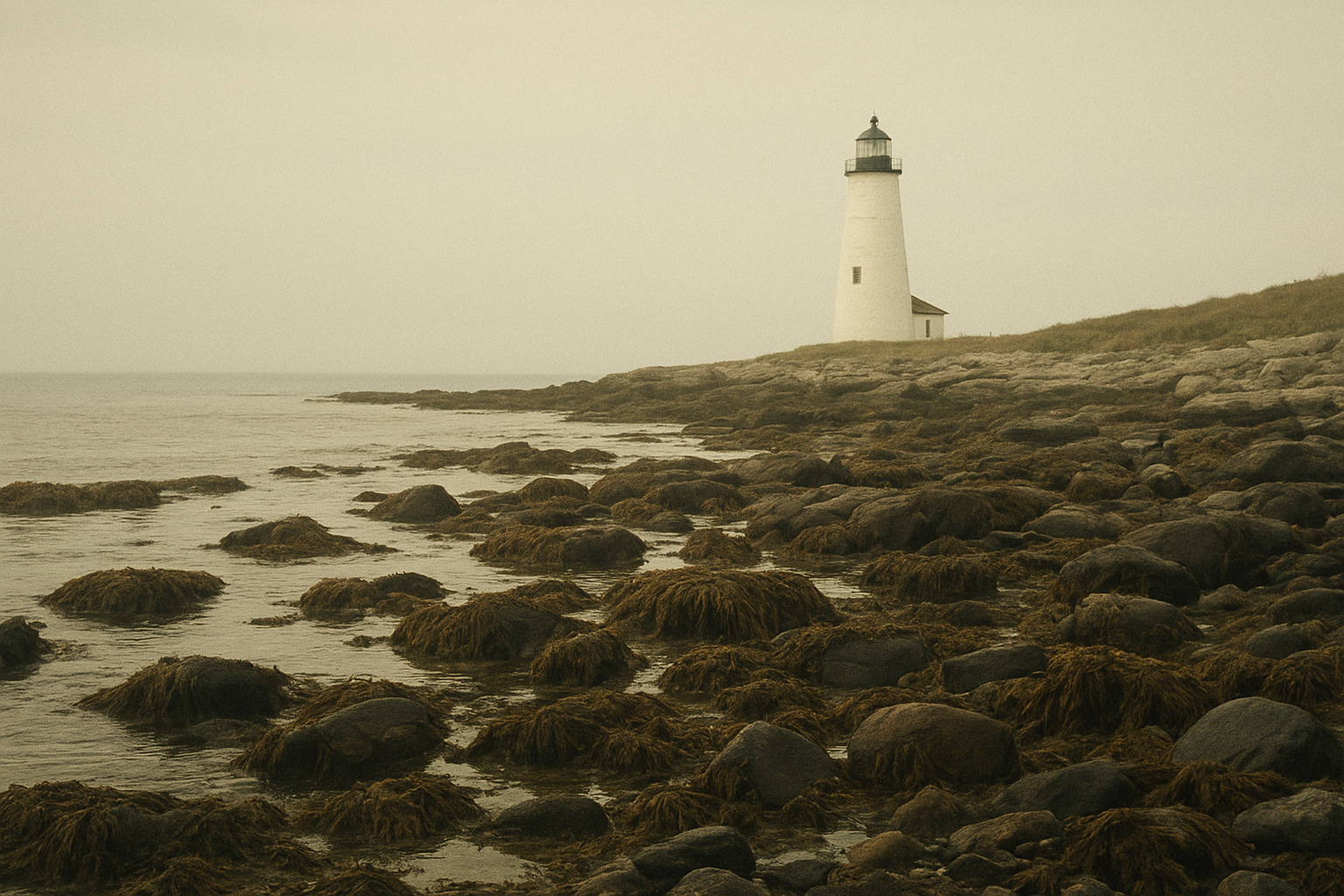 White beacon tower beyond kelp-strewn shoreline under pale evening haze