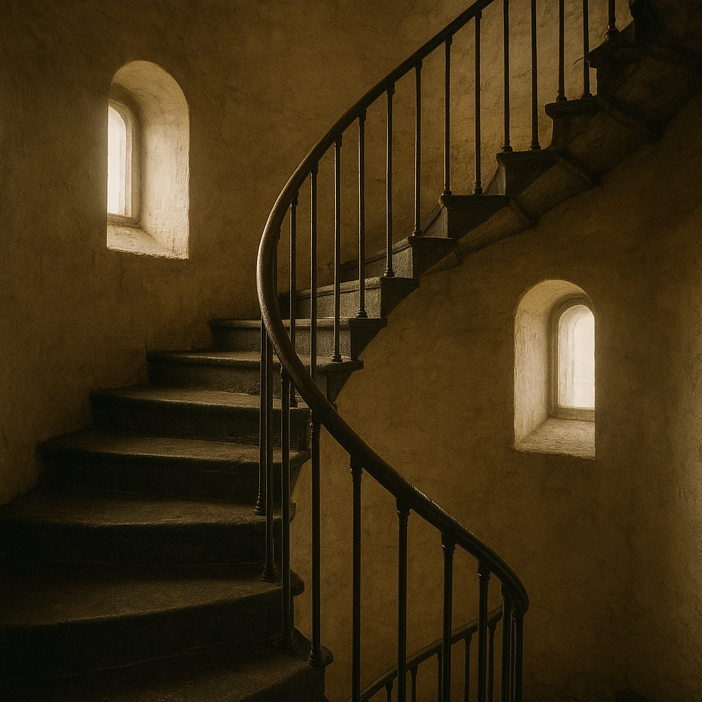 Interior spiral stair of dark stone treads and painted iron rail