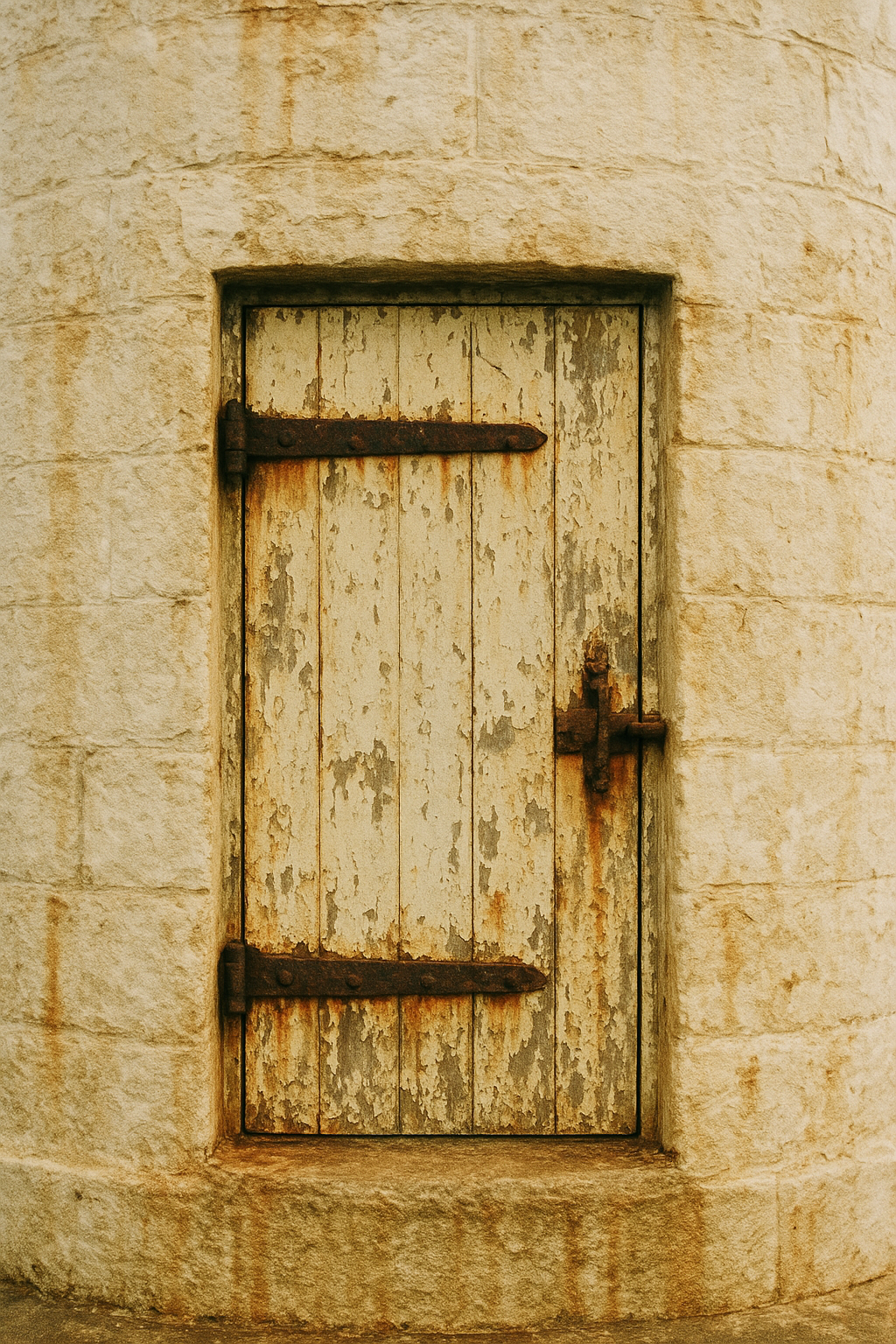 Salt-weathered wooden service door with iron strap hinges and peeling paint