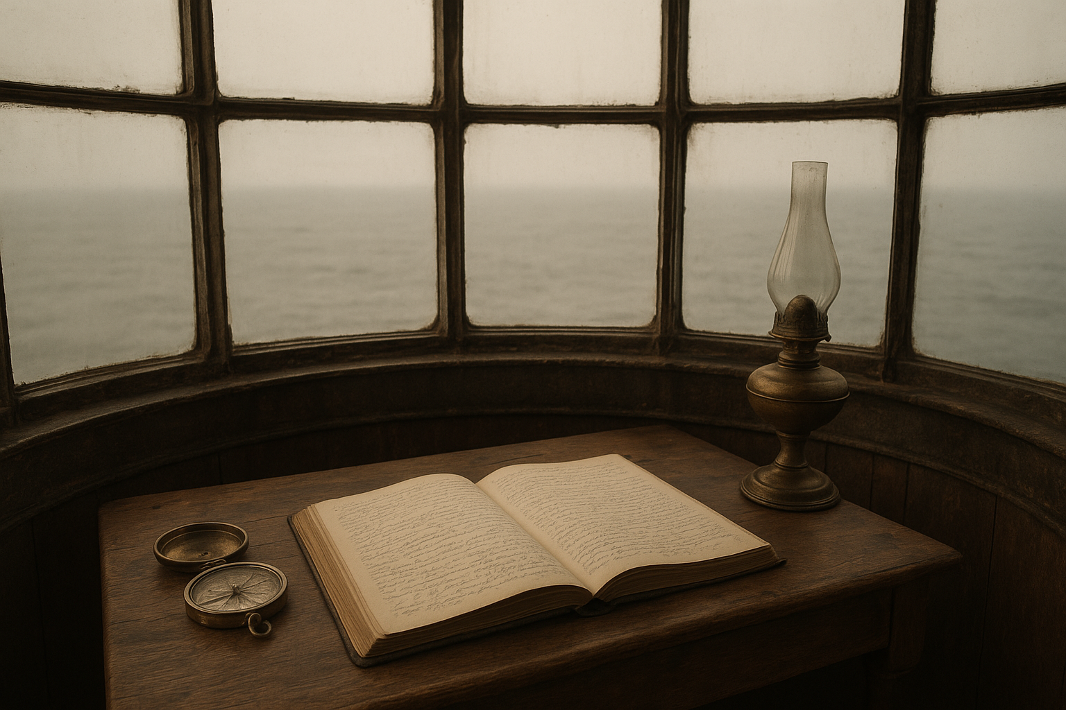 Warm documentary photograph of a worn wooden desk beneath a lighthouse lantern room window, with logbook, brass compass, and sea mist outside