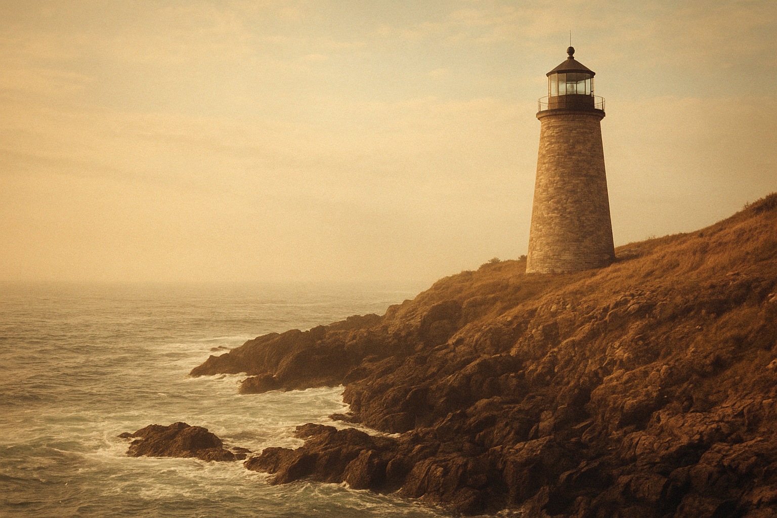 Historic lighthouse on a rugged northern coastline with rocky cliffs, gentle sea haze, and warm natural light in a film-photography style