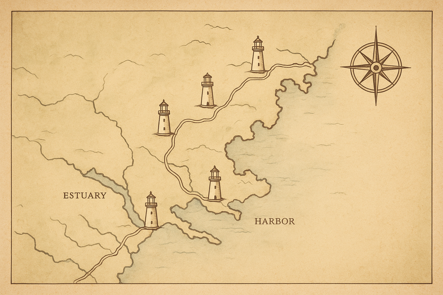 Illustrated northern coast lighthouse map with marked preserved tower locations and coastal area labels