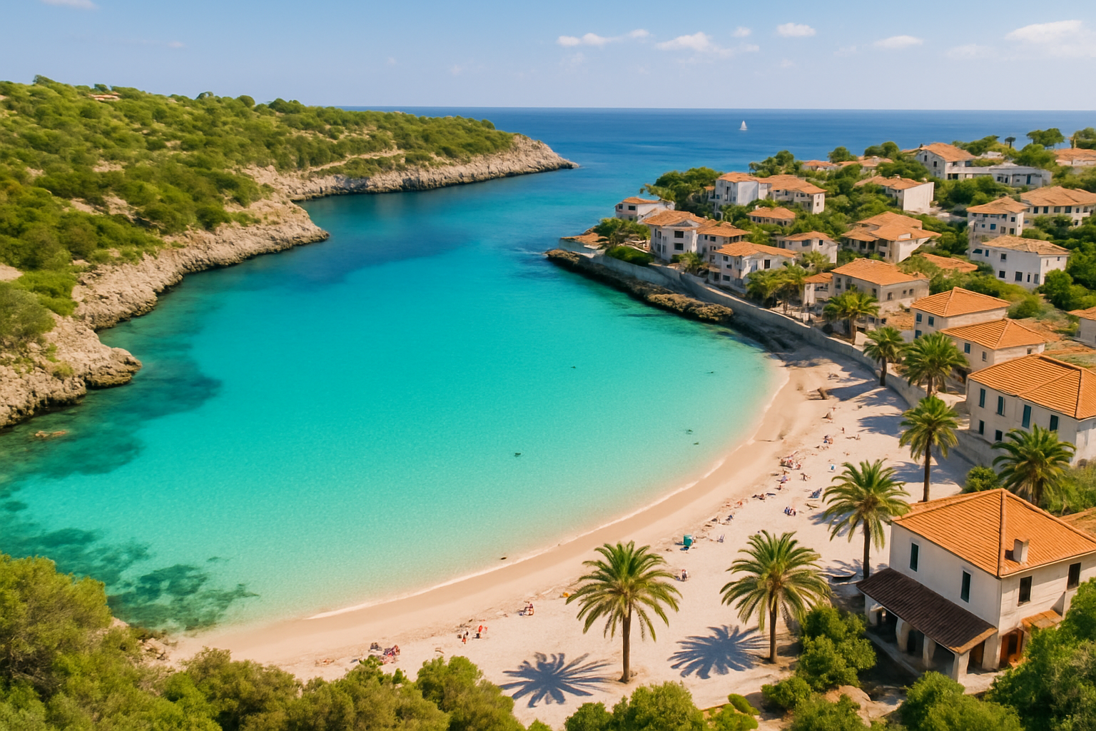Vista aérea de una bahía turquesa con playa de arena blanca y un pequeño pueblo costero mediterráneo