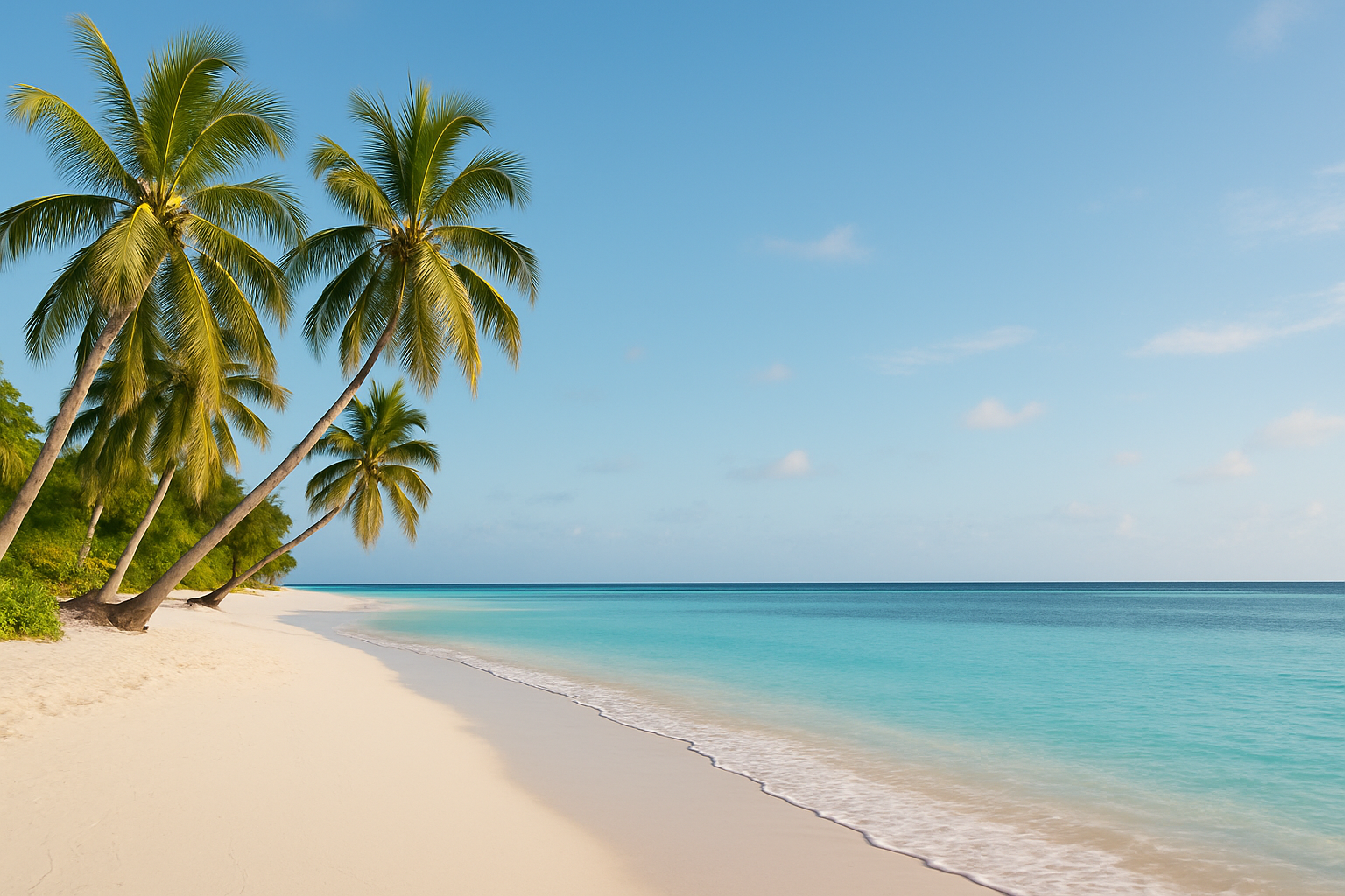 Panorámica de playa tropical con arena blanca, mar turquesa y palmeras
