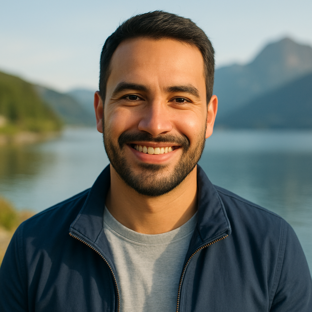 Mario Ríos, viajero con barba corta, chaqueta azul y sonrisa cálida
