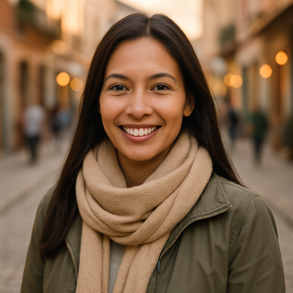Sofía Pérez, turista sonriente con cabello castaño largo y bufanda beige