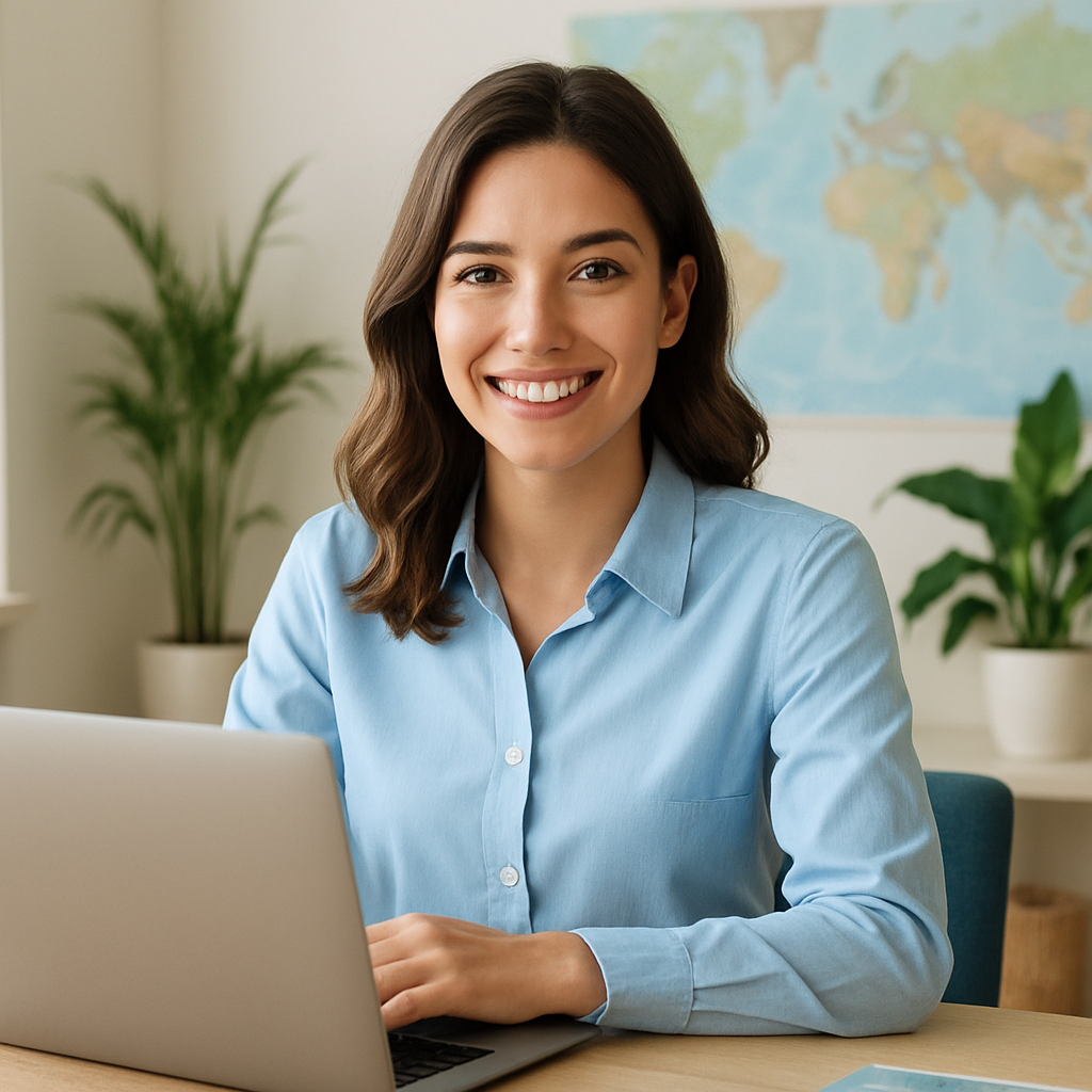Asesora de viajes sonriendo con laptop en una oficina luminosa
