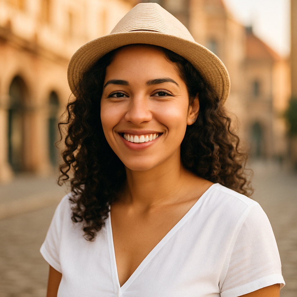 Valentina Silva, joven viajera con cabello rizado oscuro y sombrero claro