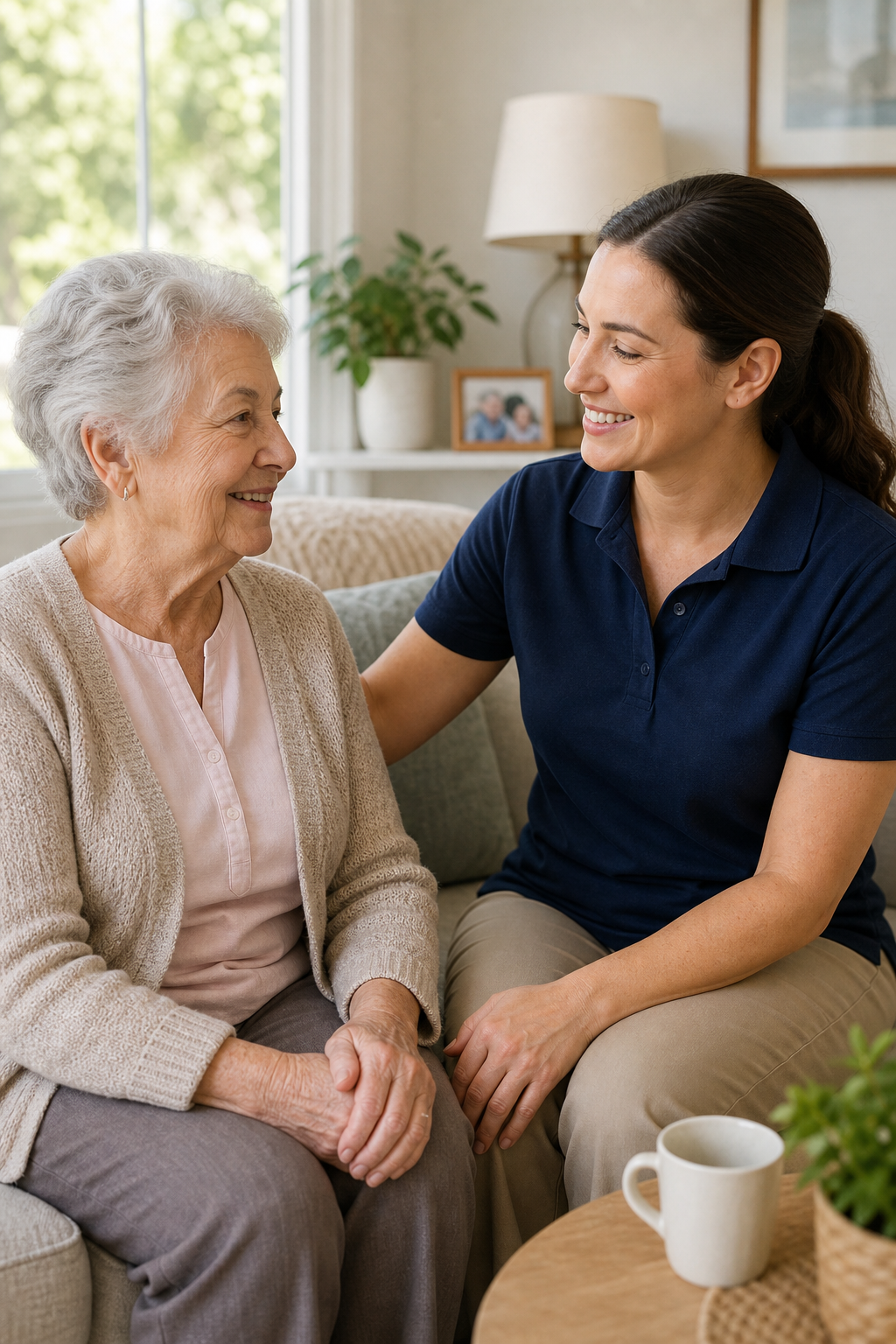 A respectful caregiver supporting an older adult in a calm, sunlit home living room