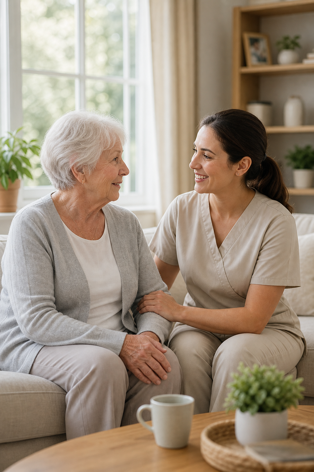Warm in-home senior care visit with a caregiver and older adult sharing a supportive moment in a bright living room