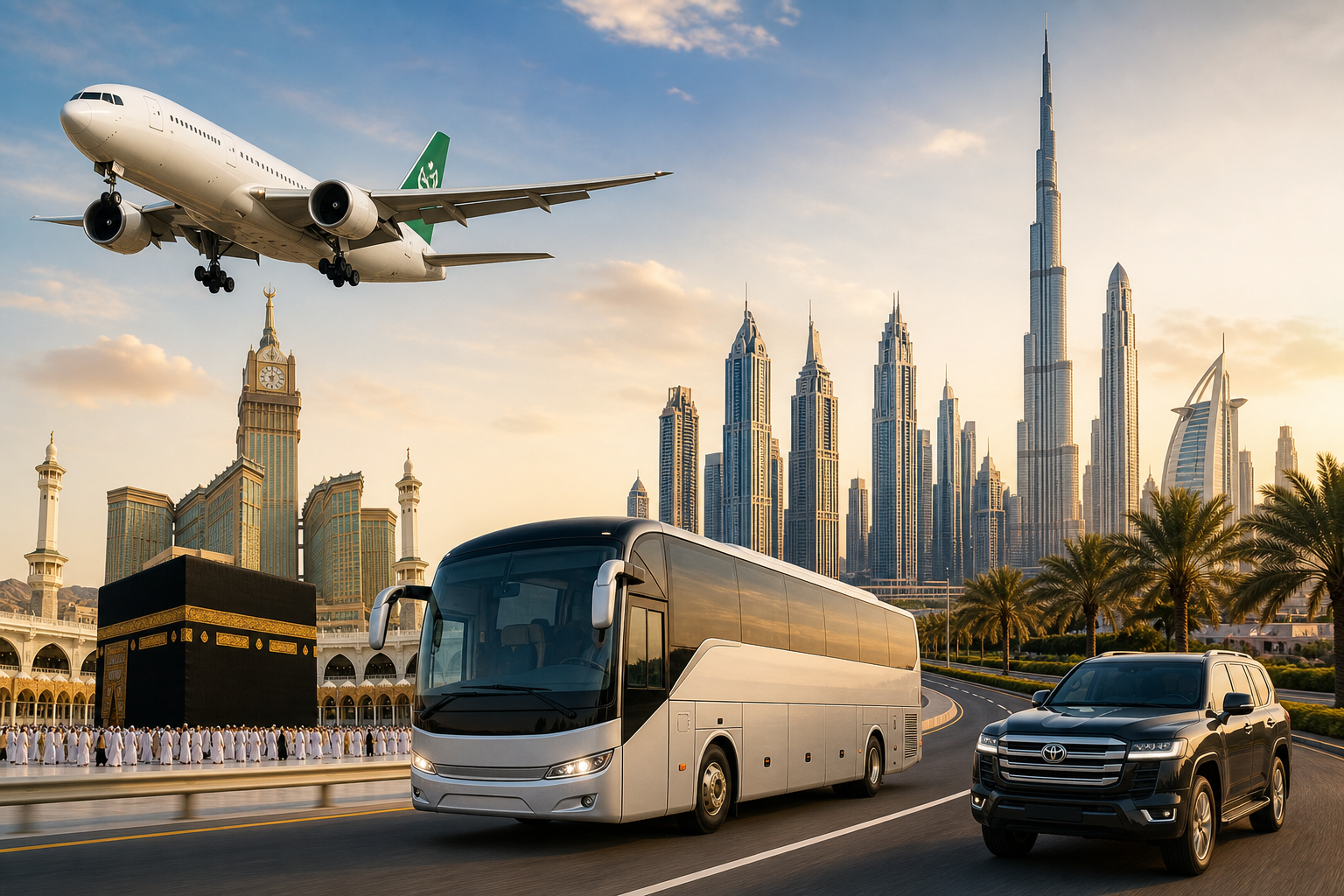 Premium travel collage with a modern passenger aircraft, a luxury bus, and a city skyline representing Pakistan, UAE, and Saudi Arabia