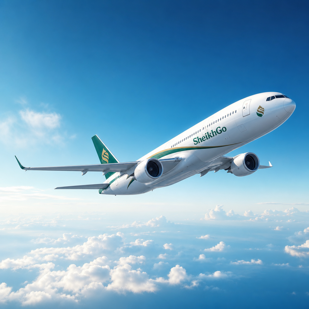 Commercial airplane ascending through a clear blue sky