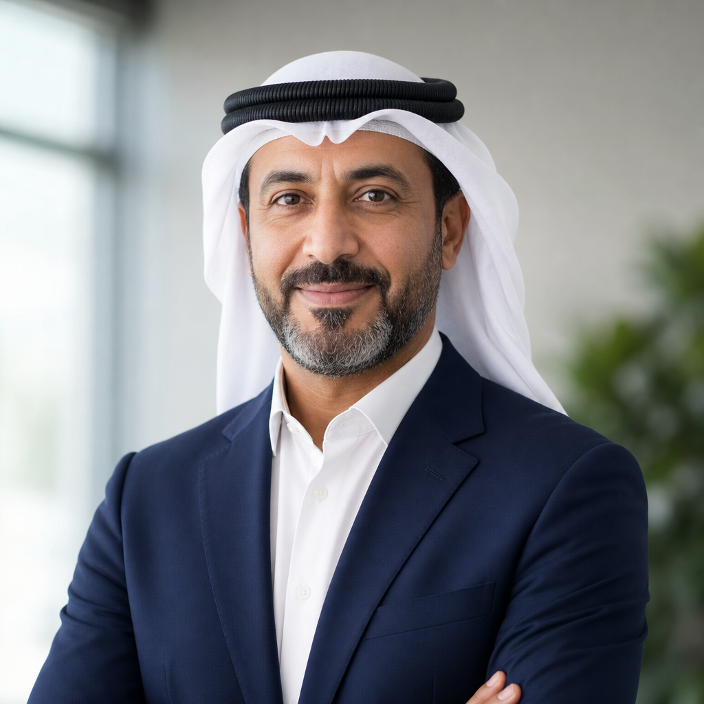 Middle-aged Arab man in a navy suit smiling, corporate headshot