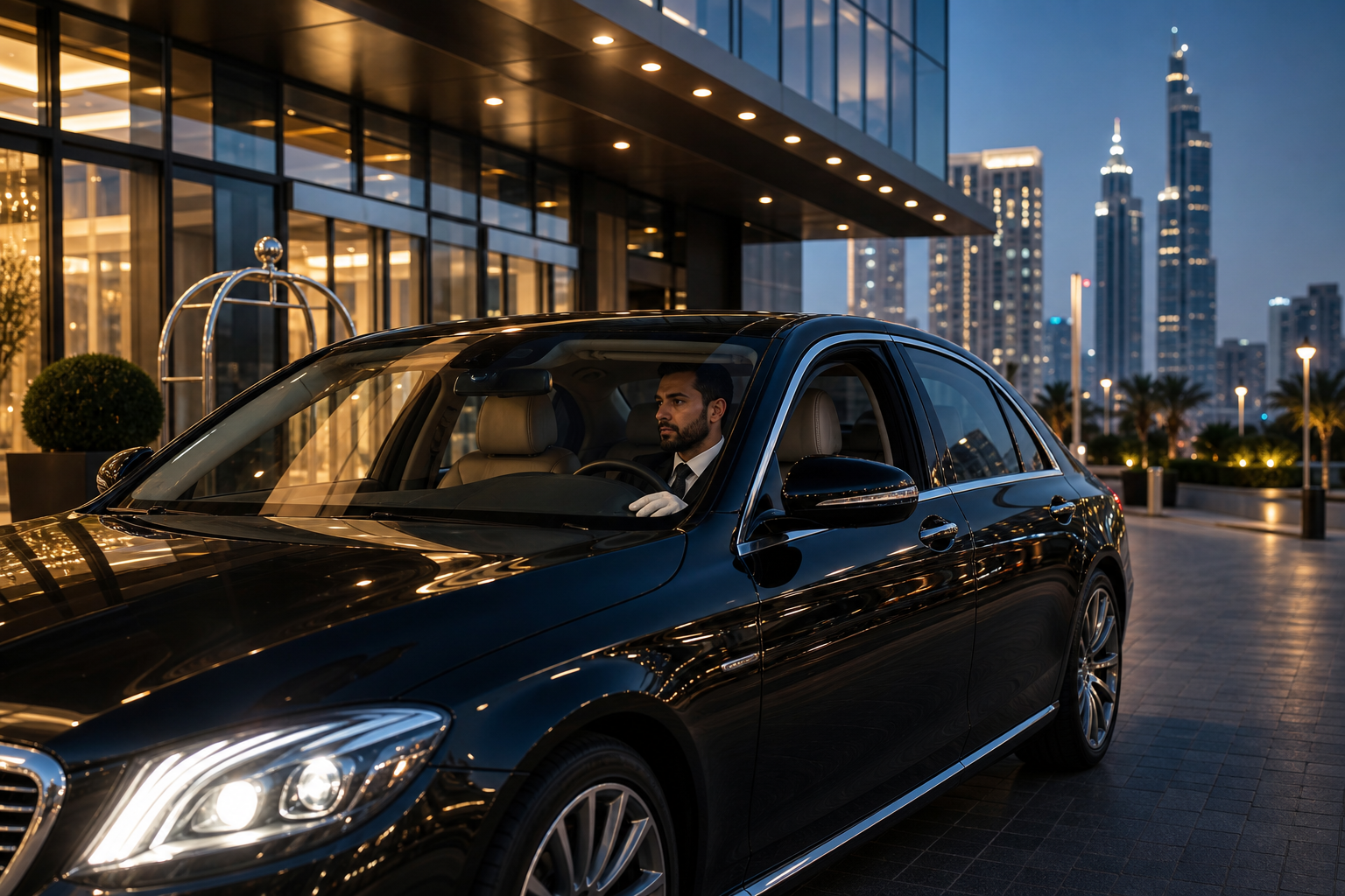 Executive chauffeur driving a premium black sedan outside a modern business hotel