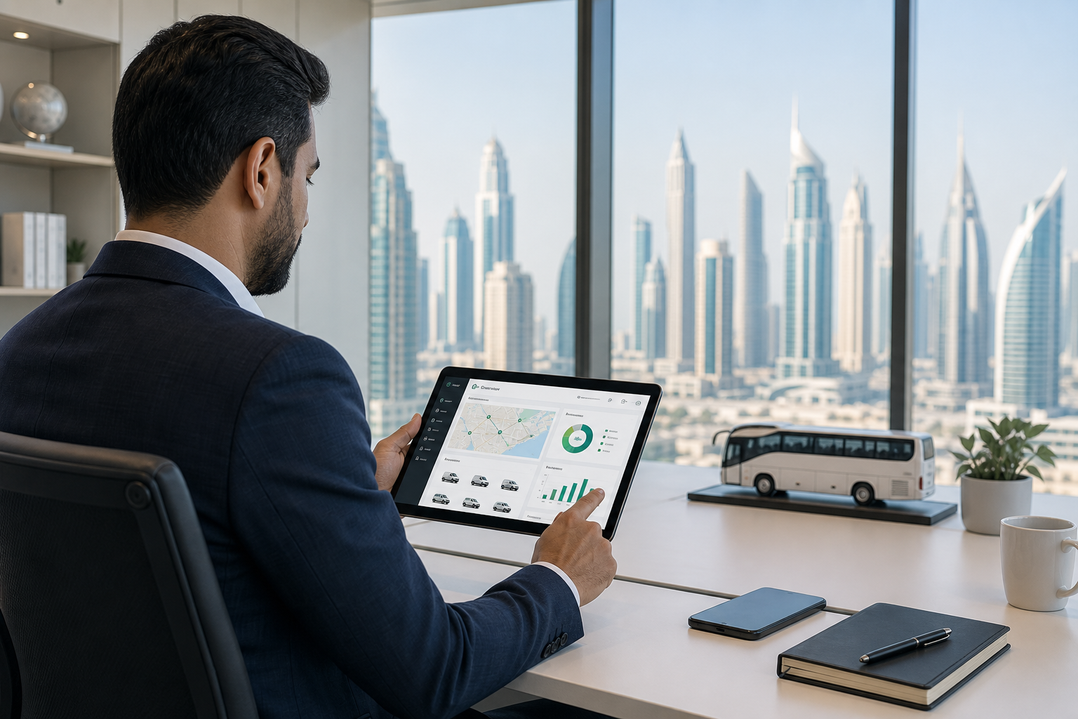 Corporate travel manager reviewing fleet coordination dashboards on a tablet with city skyline backdrop