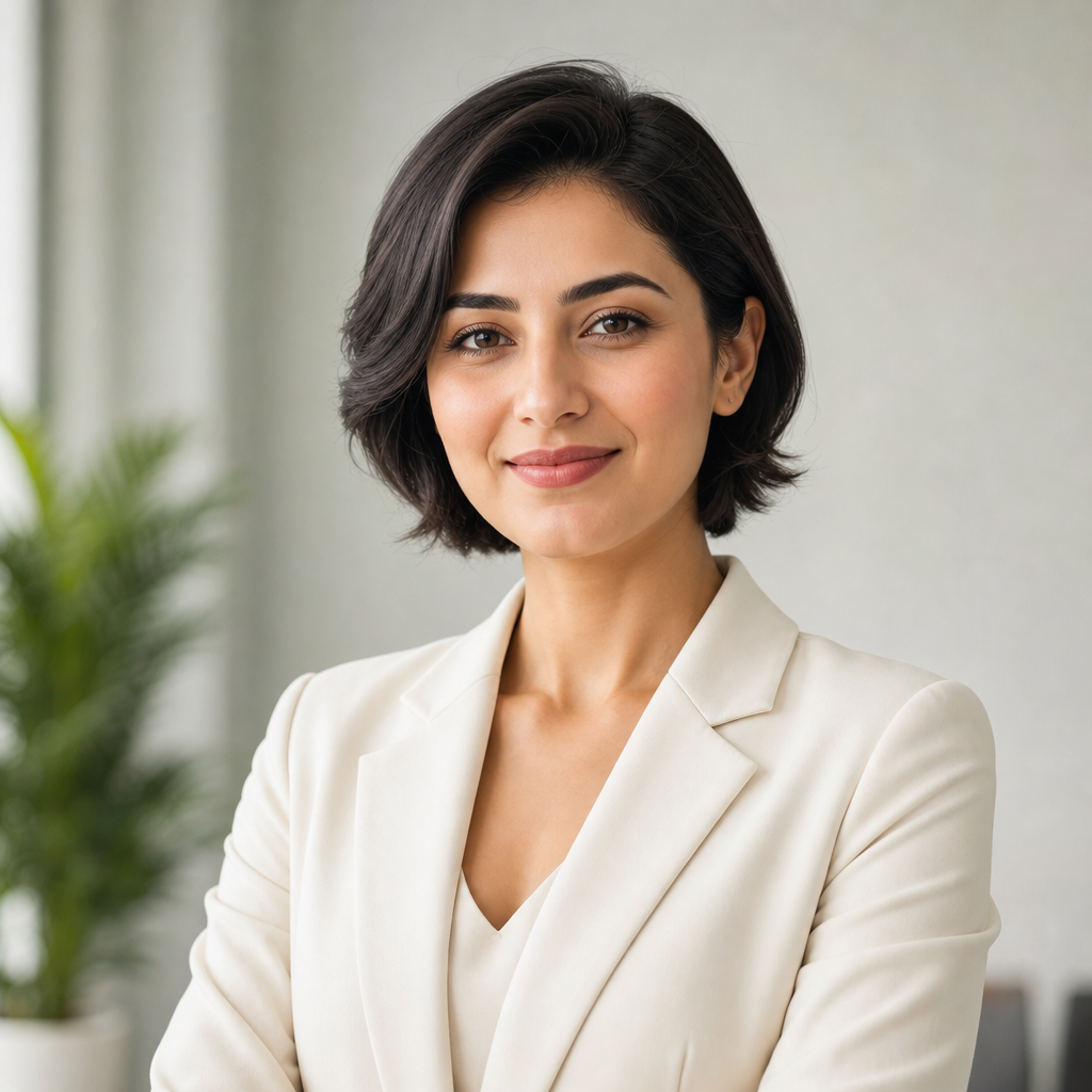Professional woman with short dark hair wearing a cream blazer, corporate headshot