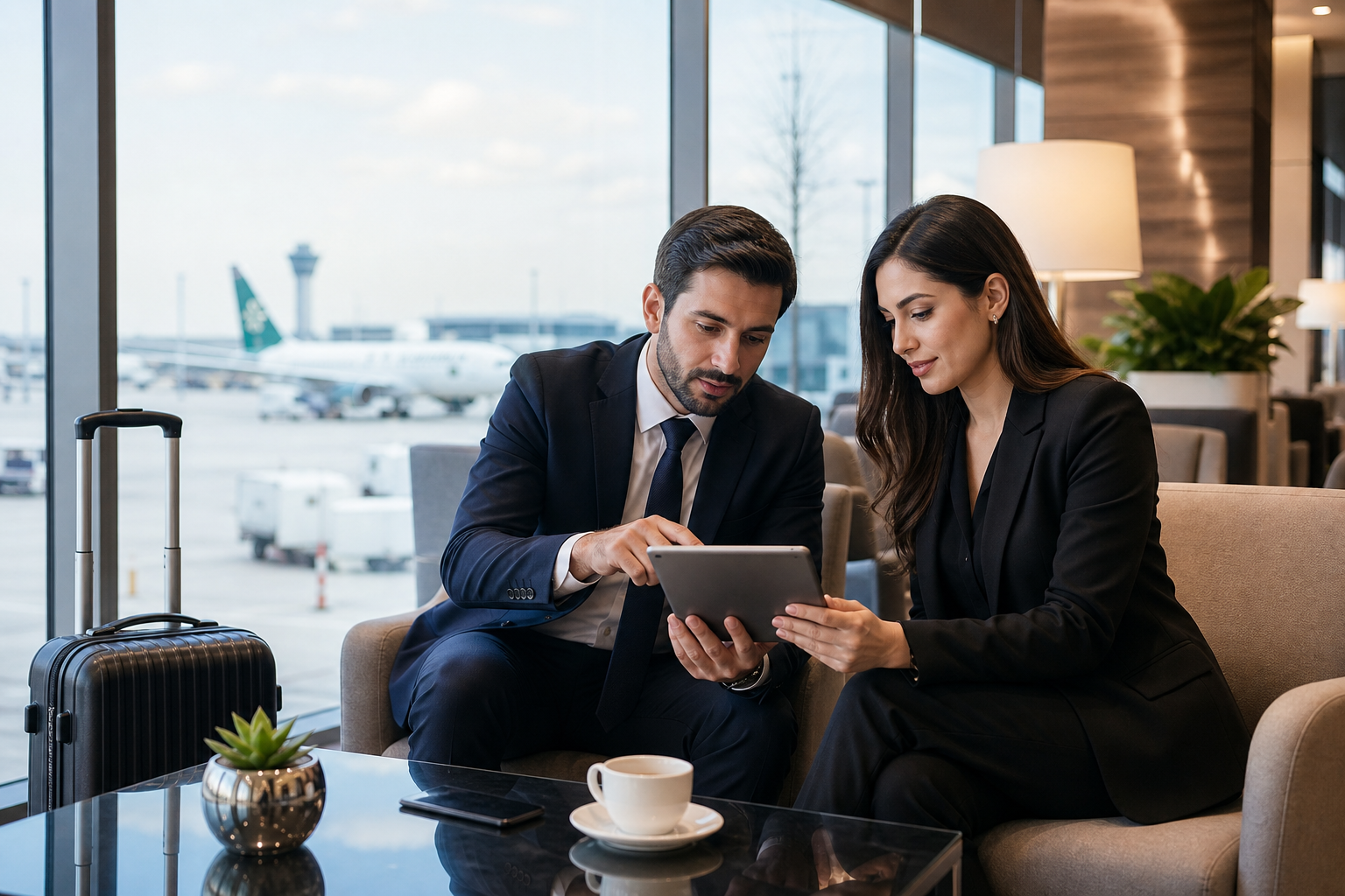 Business travelers reviewing itinerary on a tablet in a premium airport lounge