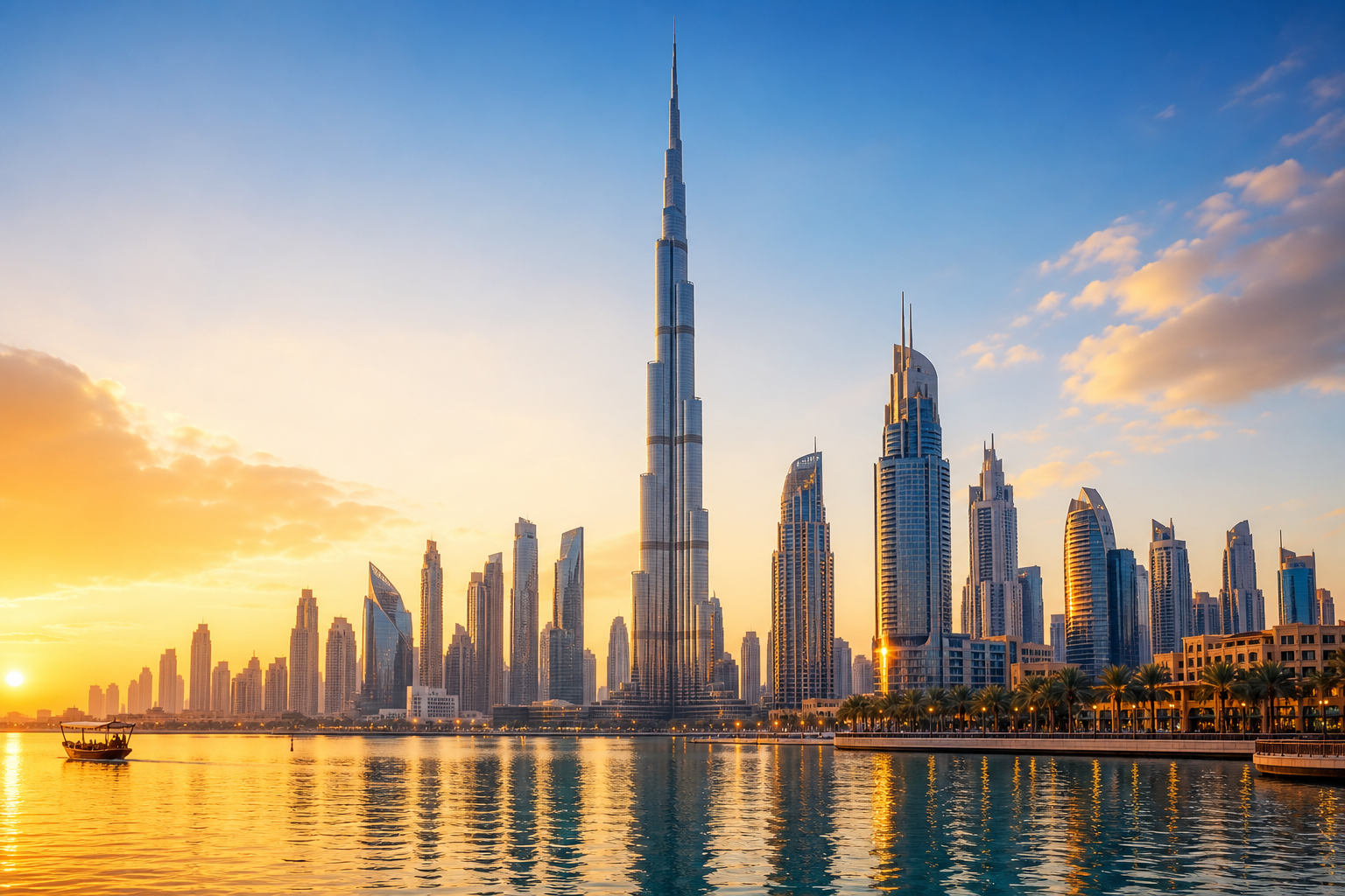 Dubai skyline at sunset with modern skyscrapers and calm waterfront