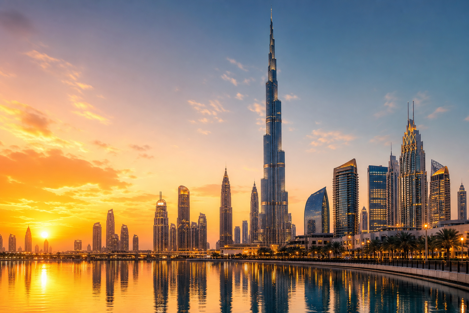 Dubai skyline with the Burj Khalifa at sunset and warm golden light