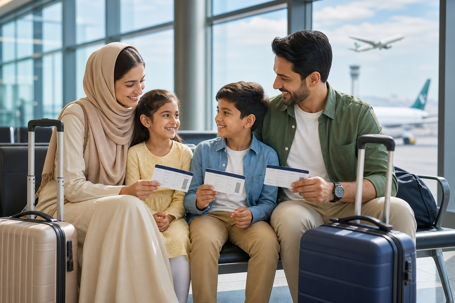 Happy family at an airport lounge with carry-on luggage and boarding passes