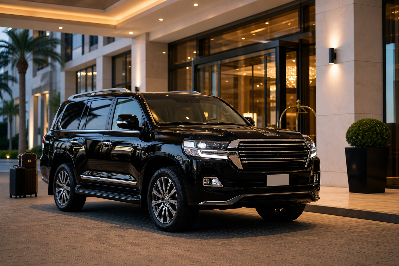 Luxury black SUV with a chauffeur-ready interior parked outside a modern hotel