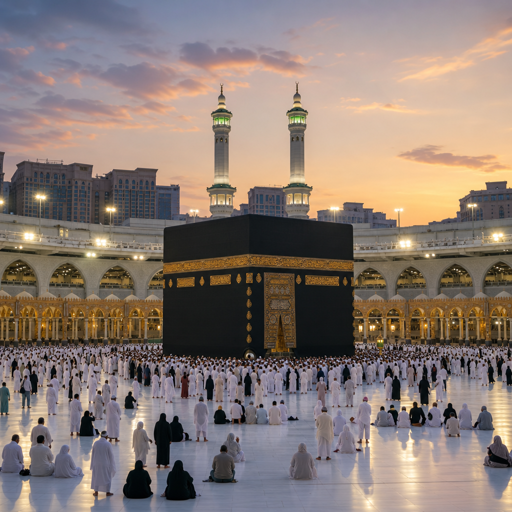 Kaaba in Makkah with pilgrims around the courtyard at dusk