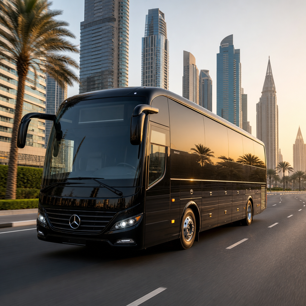 Luxury coach bus with sleek black exterior on a city boulevard