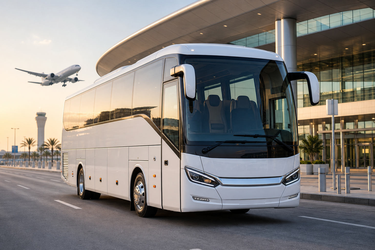 Premium white luxury coach bus parked near a modern airport terminal in the early morning